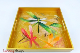 Yellow square lacquer tray hand-painted with dragonfly 30cm
